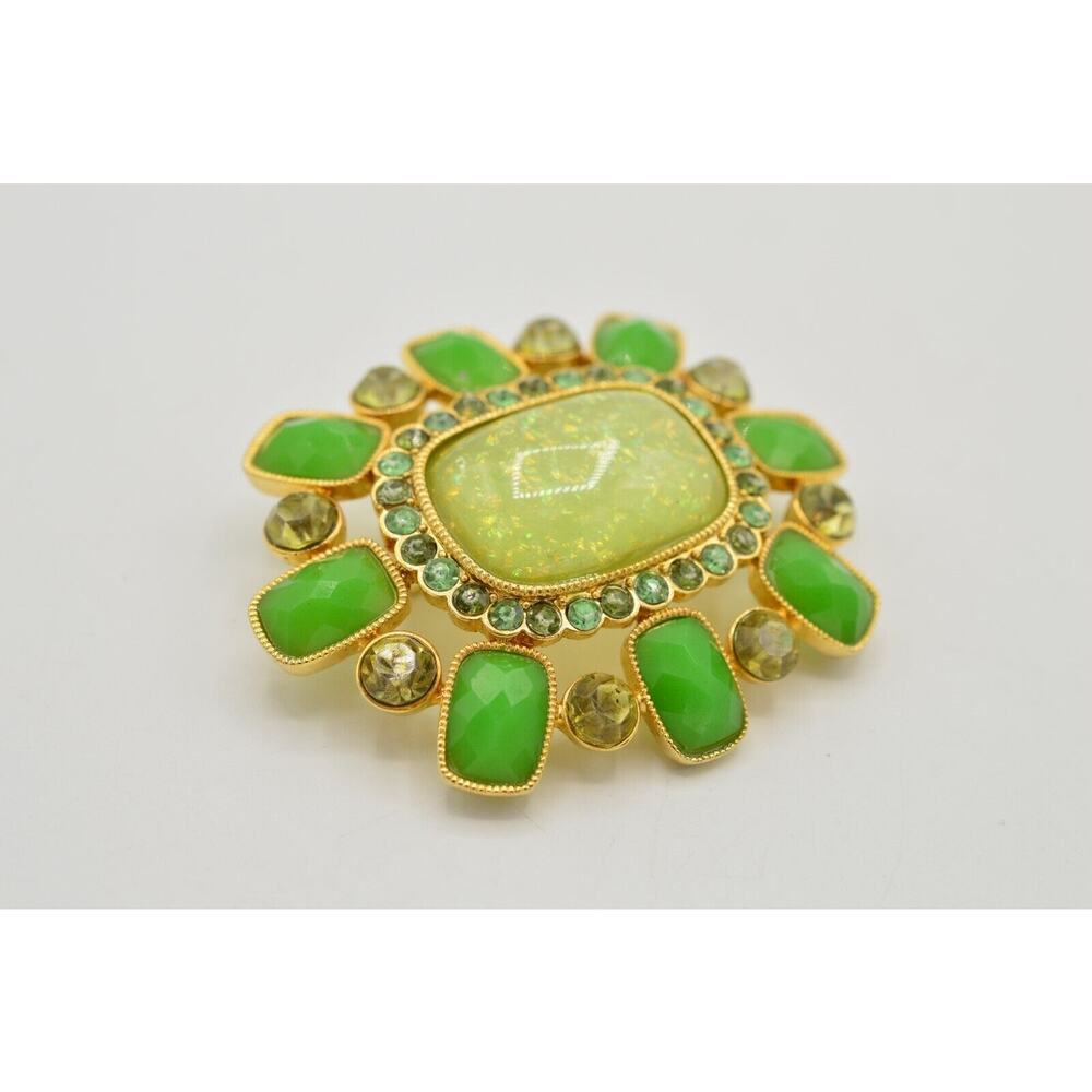 Statement Pin Brooch Multi-Tone Green Rhinestone Jeweled Opaline Gold Tone BinF - Picture 4 of 9